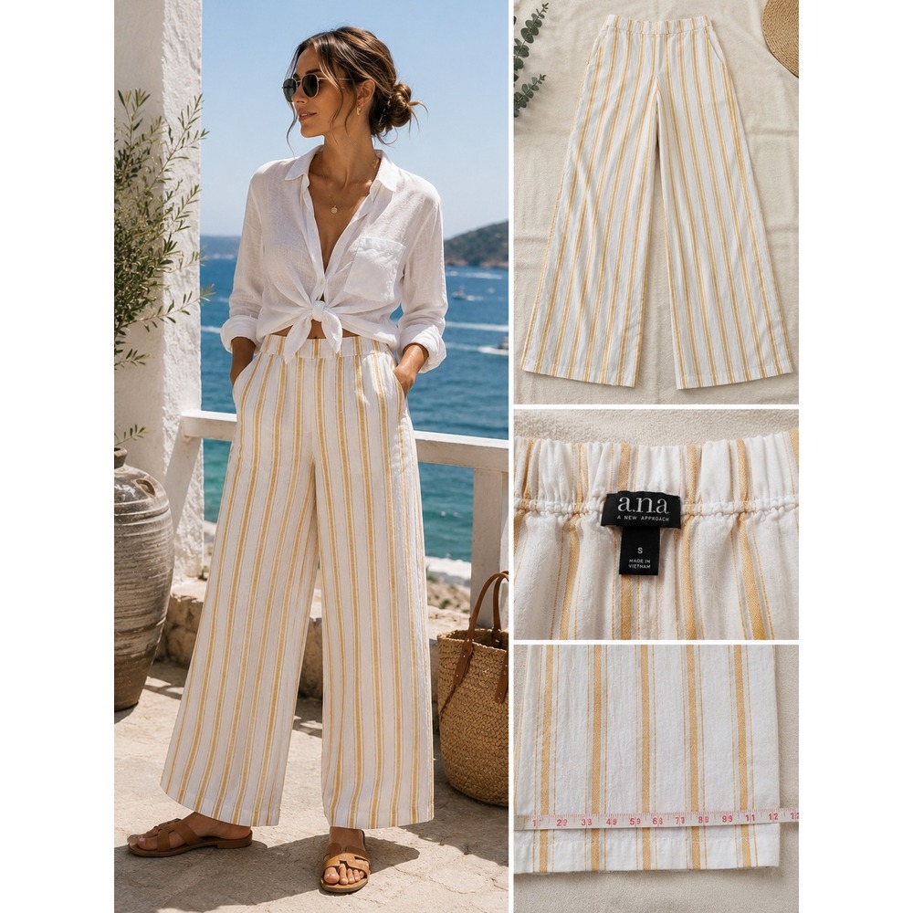 a.n.a Linen Blend Wide Leg Pants Stripe Coastal Resort Yellow‎ White S